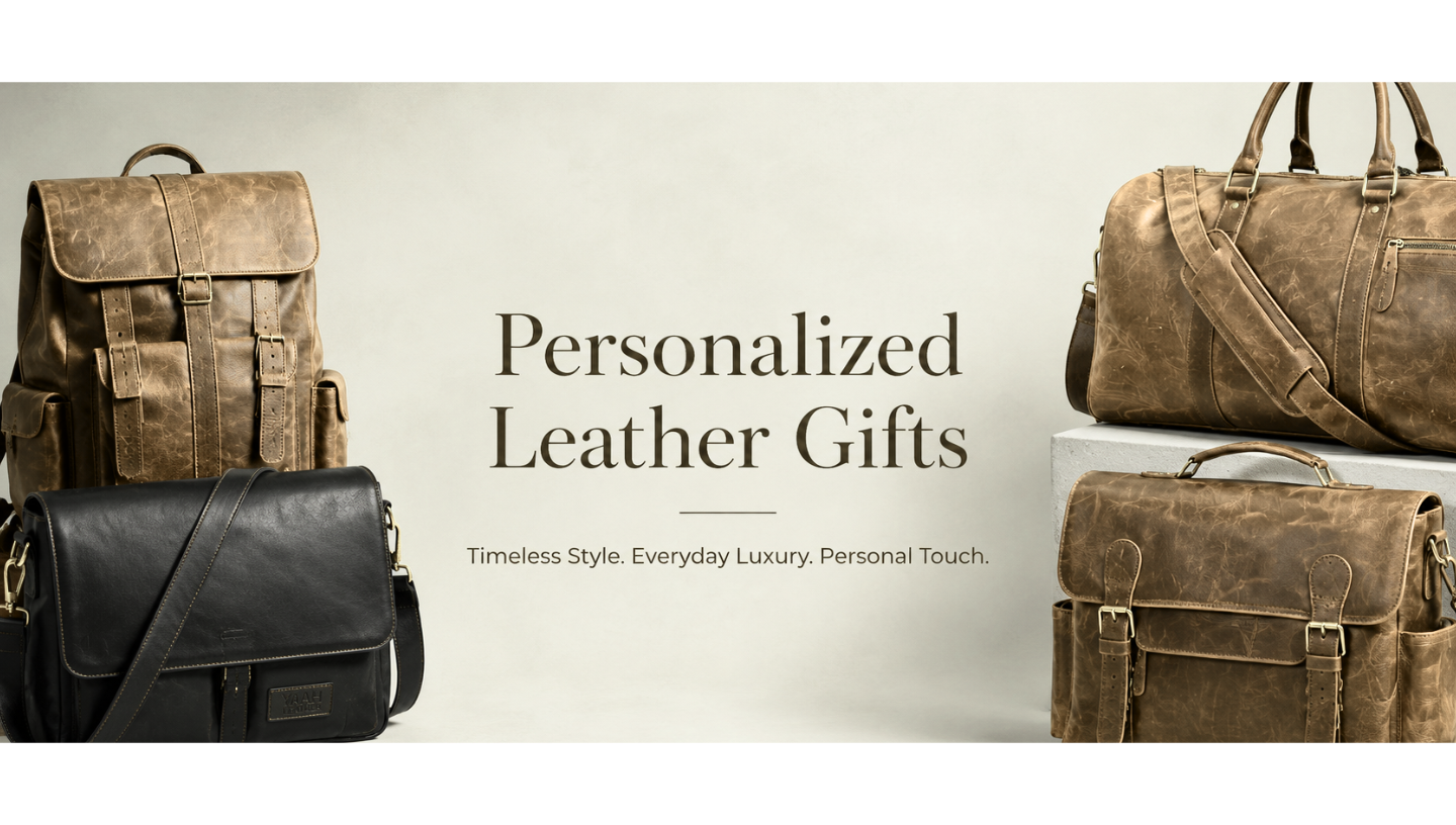 Personalized Leather Gifts by MAHI Leather featuring premium leather bags and travel accessories